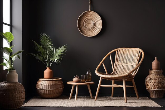 Sala de estar de estilo boho marrón con silla de mimbre y jarrón en fondo oscuro de la pared