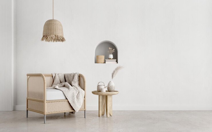 Sala de estar de estilo boho con sillón de mimbre y lámpara sobre fondo de pared blanca