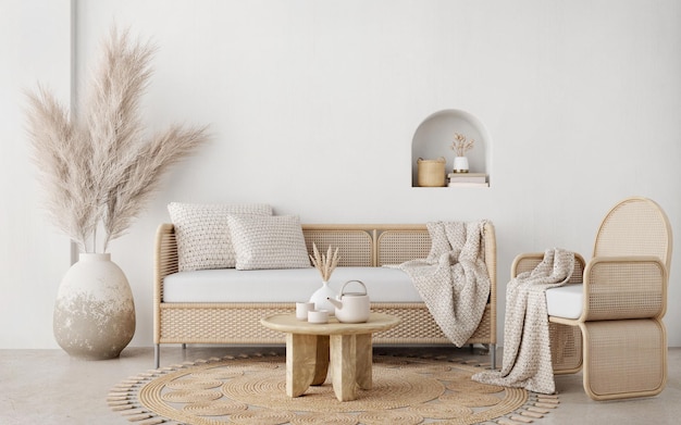 Sala de estar de estilo boho con sillón de mimbre, mesa de sofá y pampas en la olla sobre fondo de pared blanca