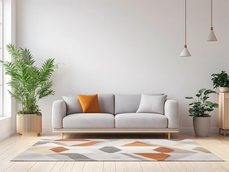 Sala de estar de estilo escandinavo minimalista con lámpara colgante y planta en olla IA generativa
