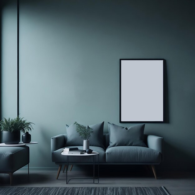 Sala de estar de estilo escandinavo minimalista moderno con pigora vacía en la pared Sage Dan Grey