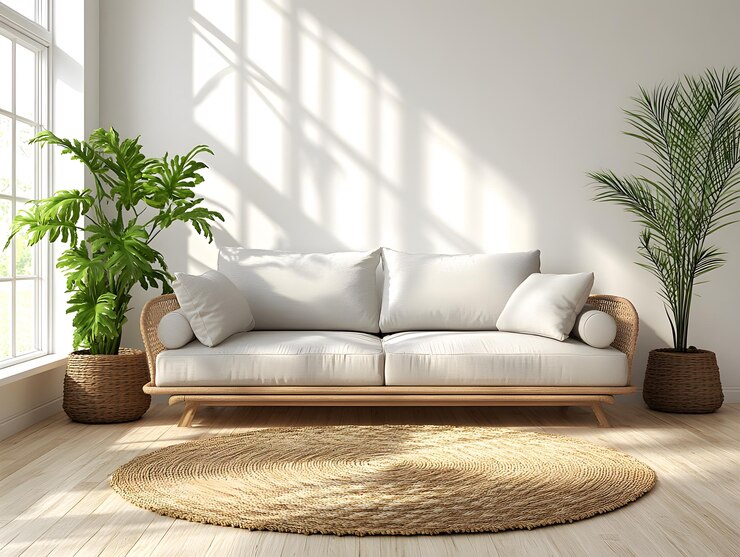 Sala de estar de estilo escandinavo minimalista con planta en olla en la esquina IA generativa