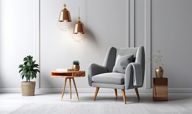 Sala de estar de estilo escandinavo con sillón de tela gris lámpara dorada y plantas contra una pared blanca vacía AI generativa de renderización 3D