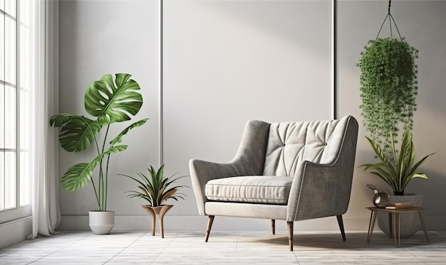 Sala de estar de estilo escandinavo con sillón de tela gris lámpara dorada y plantas contra una pared blanca vacía AI generativa de renderización 3D