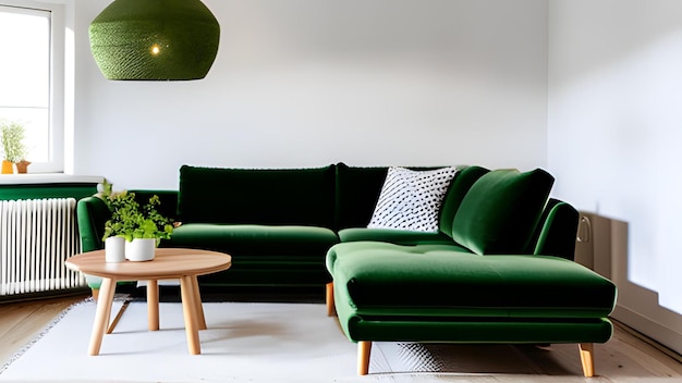 Sala de estar de estilo escandinavo con un sofá verde