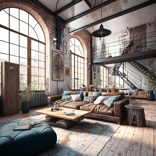 Foto sala de estar de estilo industrial loft ia generativa