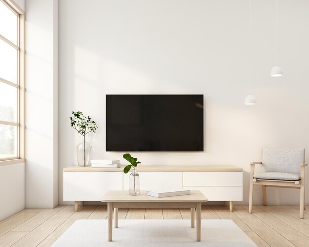 Sala de estar de estilo Japandi decorada con gabinete de televisión minimalista renderizado en 3D