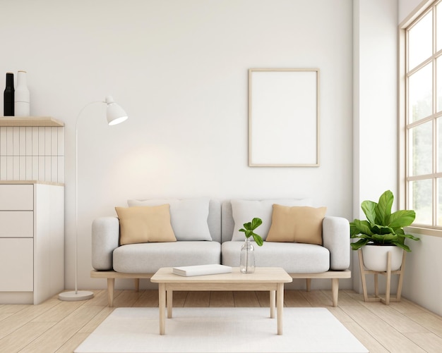 Sala de estar de estilo Japandi decorada con sofá y silla minimalista pared blanca y marco de imágenes renderización 3D