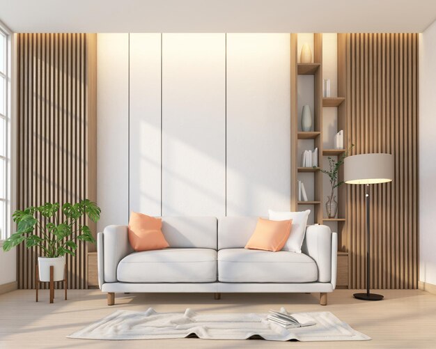 Sala de estar de estilo japonés con sofá minimalista Estanterías de madera y renderizado 3D de paredes blancas