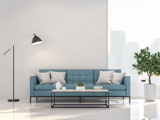 Sala de estar de estilo minimalista con vista a la ciudad 3d renderDecorar con muebles de tela azul