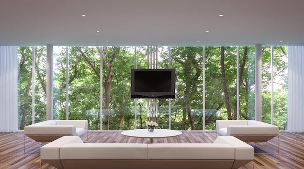 Sala de estar de estilo moderno 3D Render ventana grande rodeada de naturaleza