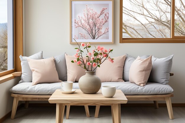 Sala de estar con flores en un jarrón y marcos de maquetas diseñadas en un elegante estilo escandinavo
