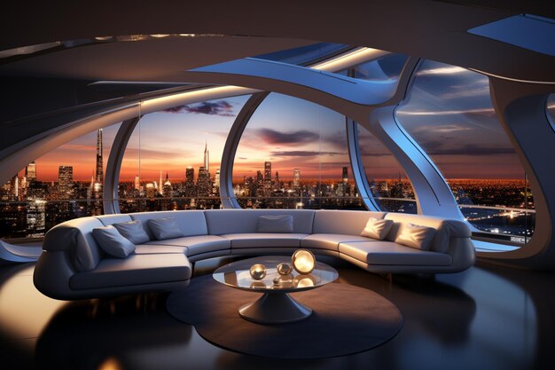 Sala de estar futurista con concepto de glamour futurista y color púrpura