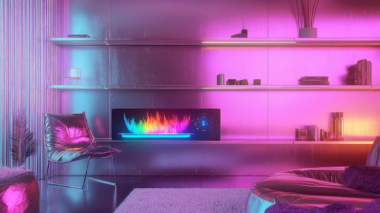 Una sala de estar futurista con estantes de chimenea y una acogedora silla y sofá bañados en luz rosa y azul de neón