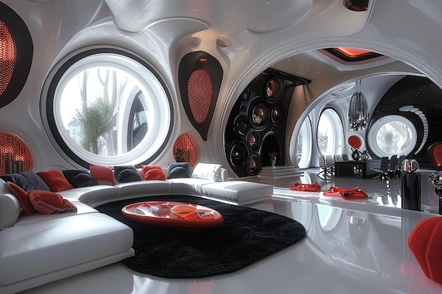 Sala de estar futurista futuro moderno inteligente cómodo acogedor apartamento casa diseño decoración de lujo