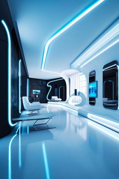 Sala de estar futurista con muebles blancos y luz azul en el techo IA generativa