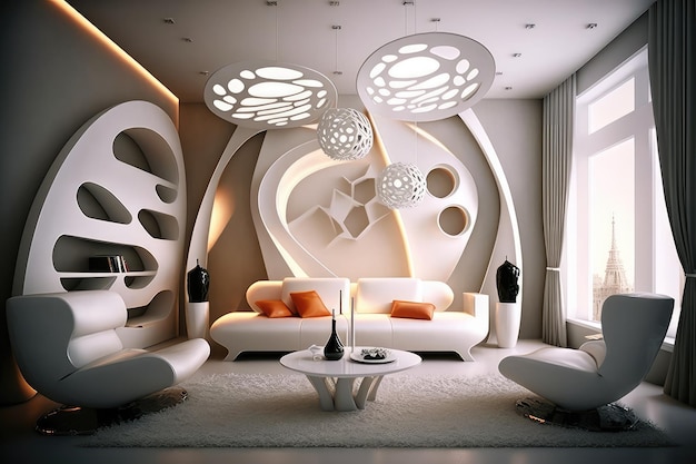 Sala de estar futurista con muebles elegantes y lámparas flotantes