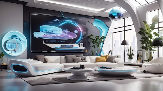 Una sala de estar futurista redefinida con muebles inteligentes y arte mural interactivo