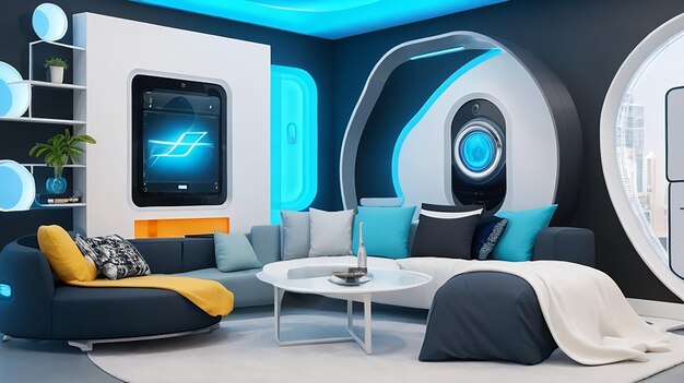Una sala de estar futurista redefinida con muebles inteligentes y arte mural interactivo