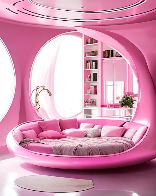 Sala de estar futurista rosa con ai generada y sala de estar.