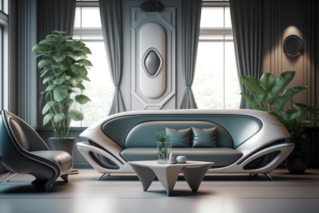 Sala de estar futurista con sofá y mesa futuristas concepto generativo ai