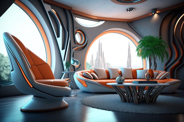 Sala de estar futurista con sofá y mesa futuristas concepto generativo ai