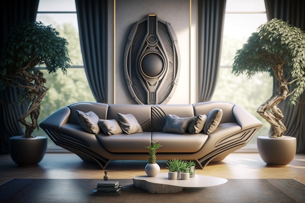 Sala de estar futurista con sofá y muebles futuristas Ilustración generativa ai