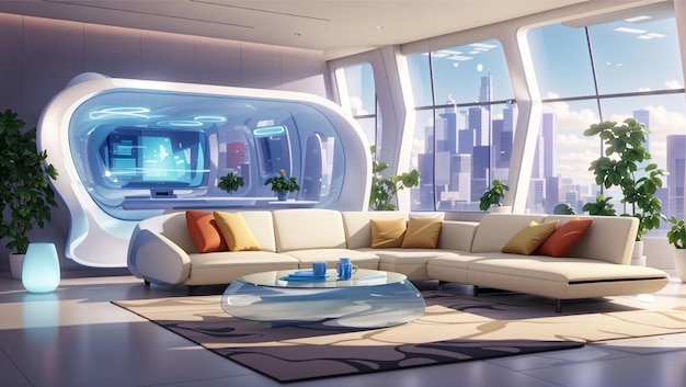 Sala de estar futurista con vista al horizonte de la ciudad a través de grandes ventanas de vidrio