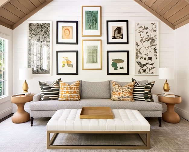 Foto sala de estar galería pared decoración del hogar y arte de pared arte enmarcado en el interior de la cabaña de campo inglesa