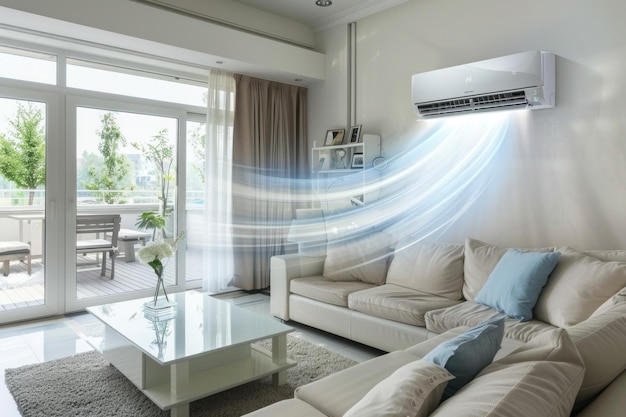 Una sala de estar con un gran aire acondicionado soplando aire frío