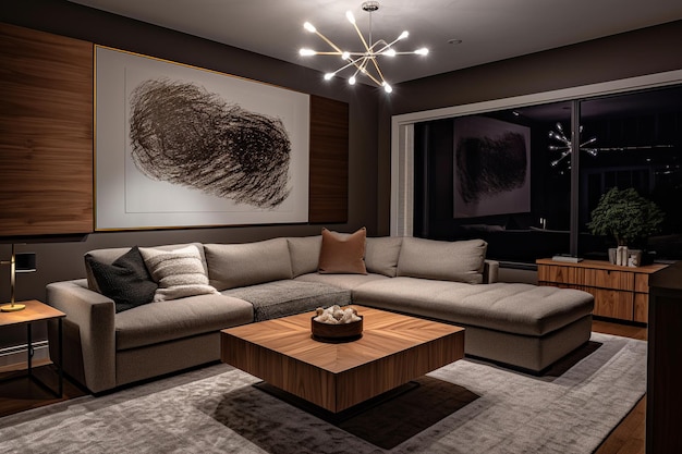 Una sala de estar con un gran cuadro en la pared sobre un sofá.