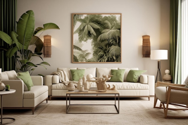 Una sala de estar con un gran cuadro de una planta tropical.