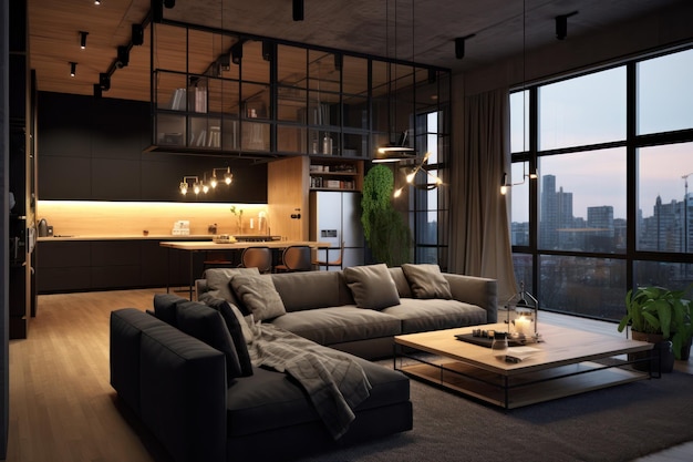 Una sala de estar con un gran sofá y un gran ventanal con vista a la ciudad.