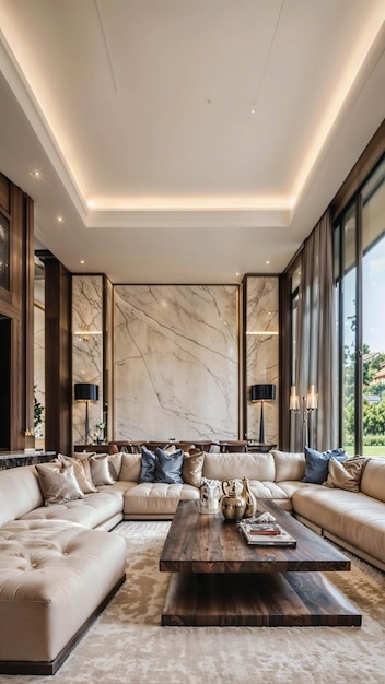 sala de estar con un gran sofá y una mesa de café paredes de mármol galardonado diseño de interiores