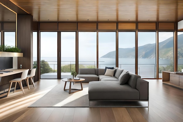 Una sala de estar con un gran sofá y una mesa con vista al mar.