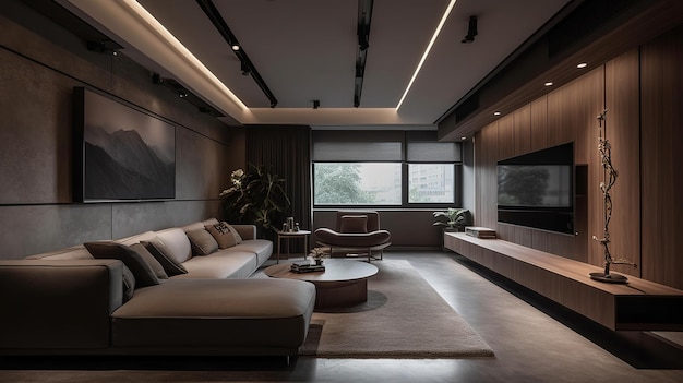 Una sala de estar con una gran televisión y un gran sofá.