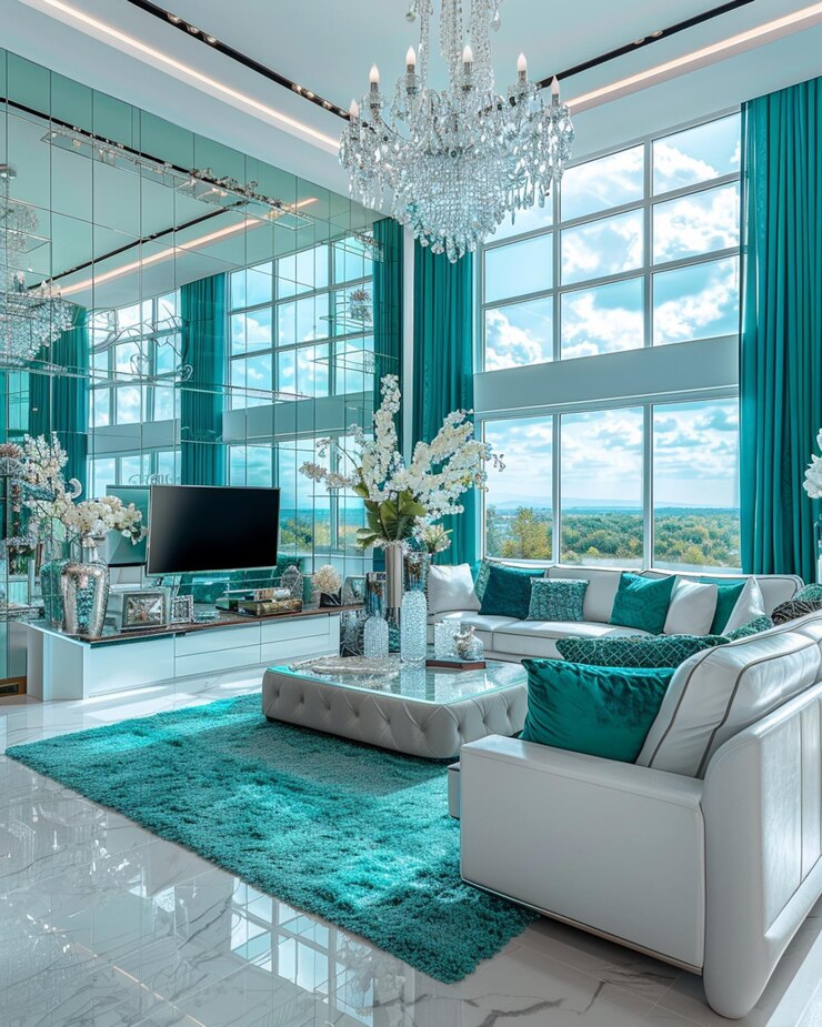 sala de estar con una gran ventana y un gran candelabro generativo ai