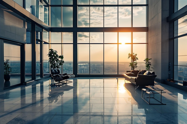 Sala de estar con una gran ventana y un interior espacioso