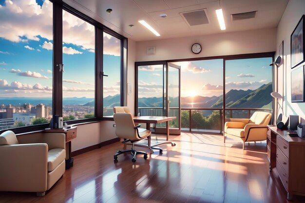 Una sala de estar con una gran ventana y un reloj en la pared.