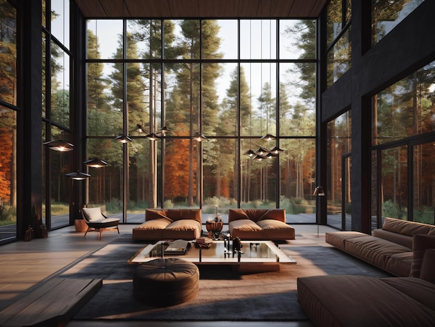 Foto sala de estar con grandes ventanales con vista al paisaje forestal y un suave sofá naranja con otomanas y techos altos estilo loft generados por ia