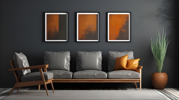 una sala de estar gris con un sofá naranja en el medio