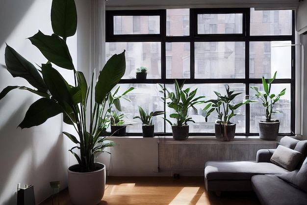 Sala de estar gris vacía con sombras en la ventana minimalismo escandinavo