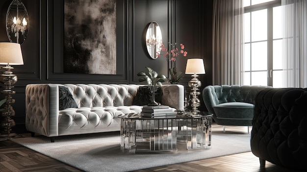 La sala de estar Hollywood Glam es un estudio de lujo y sofisticación con asientos de terciopelo lujoso y un candelabro de cristal Generado por AI