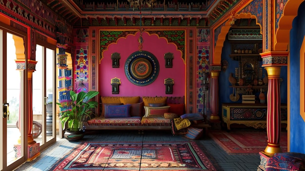 Foto sala de estar india ecléctica con paredes rosadas brillantes y decoración étnica