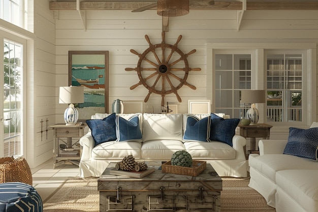 Sala de estar de inspiración costera con decoración de rueda de barco