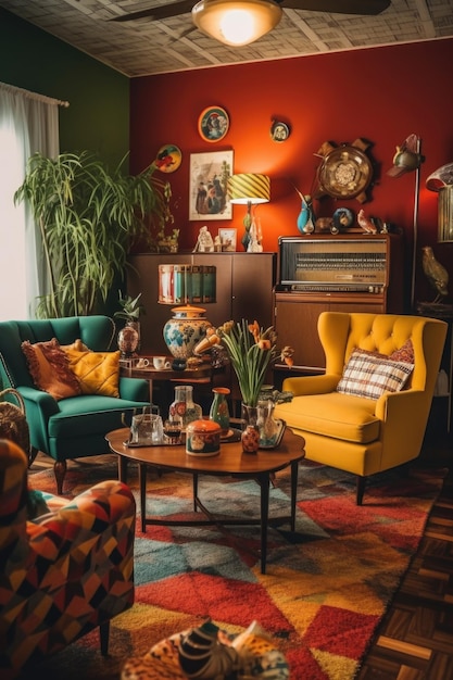 Sala de estar de inspiración retro con muebles y decoraciones vintage creadas con ai generativo