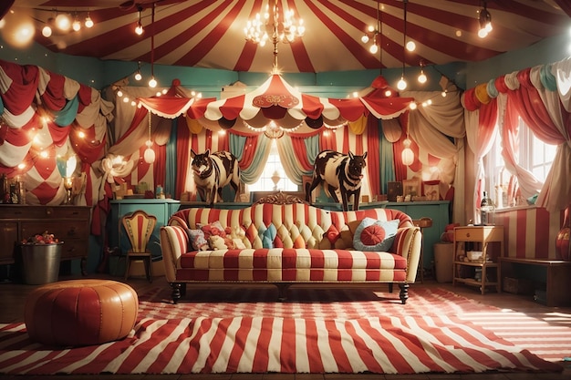 Sala de estar inspirada en el circo vintage