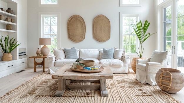 Una sala de estar inspirada en la costa iluminada por el sol con sofás blancos de peluche, decoración natural tejida y una sensación de apertura refrescante