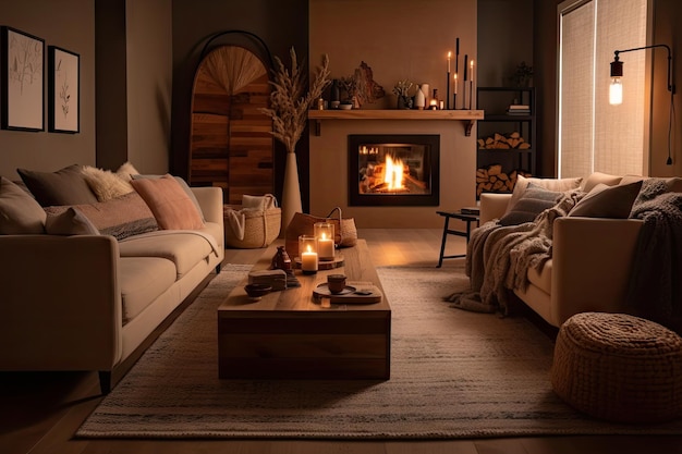 Sala de estar inspirada en la higiene con acogedora chimenea, cojines de felpa e iluminación cálida