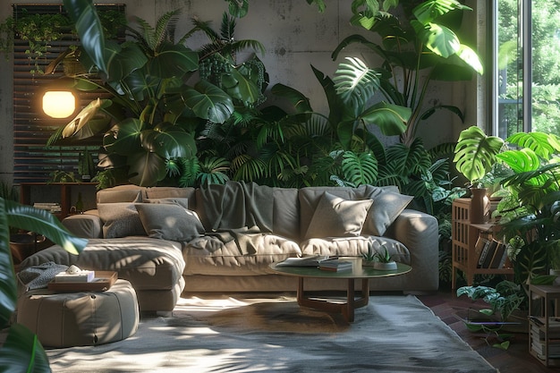 Sala de estar inspirada en la jungla urbana con un verde exuberante